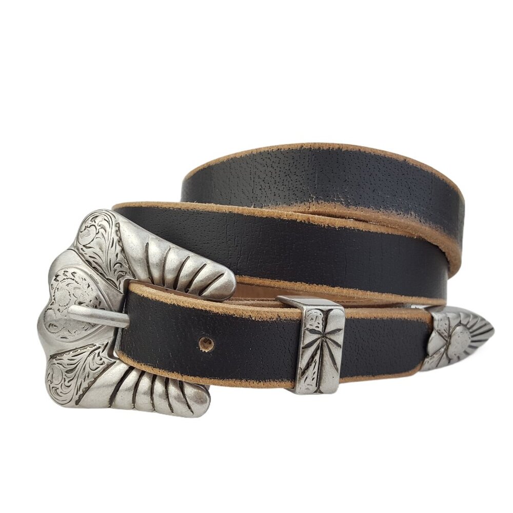 Vintage Skinny Leather Belt w. Silver Hearted Buckle Set